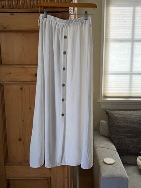 Women's White Midi Button-Front Skirt with Elastic Waist